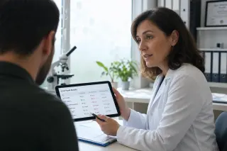 Researcher in lab coat discussing liver test results with a patient on a tablet in a naturally lit lab, both focused and engaged