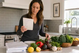 Middle-aged woman checking a handwritten list while sorting fresh vegetables in a sunlit kitchen, preparing thoughtfully for a health-focused regimen.