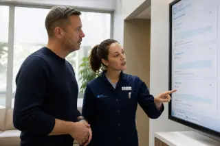 Patient and lab technician discussing test results together in a bright, welcoming laboratory waiting area with natural light.