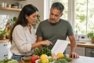 Nutritionist and patient reviewing a food diary in a bright kitchen, discussing fresh ingredients and healthy choices in a naturally lit, authentic setting.