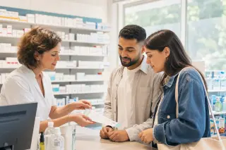 Pharmacist handing a leaflet to a young couple in a sunlit French pharmacy, all focused on the conversation, natural and supportive atmosphere.