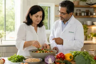 Mature woman and male nutritionist collaborating in a bright kitchen, preparing a healthy salad with fresh ingredients, focused and engaged in a natural, supportive atmosphere.