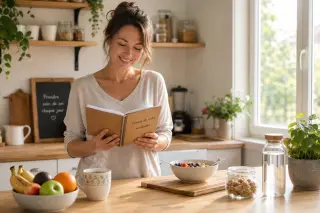 Femme adulte consultant sereinement un carnet de notes médicales tout en préparant un petit-déjeuner sain dans une cuisine claire et accueillante, dans une atmosphère naturelle et bienveillante.