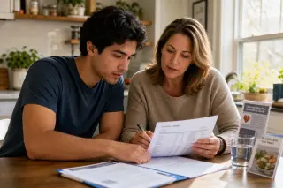 Two adults in a bright kitchen discussing lab results at a table, with a calm, natural daylight ambiance and subtle medical details in the background.