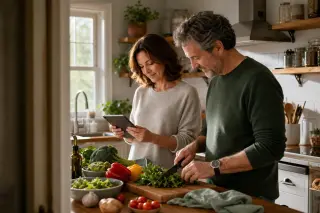 Nutritionist and patient in a bright, modern kitchen lab reviewing healthy food choices together, natural light creating a warm, professional atmosphere.