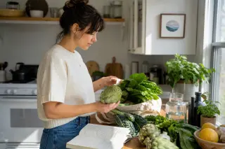 Person in a bright kitchen arranging fresh artichokes and greens on a countertop, consulting a recipe notebook, with morning sunlight enhancing the natural textures and colors.