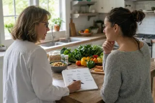 Dietitian and adult patient discussing a meal plan together in a bright, welcoming kitchen, surrounded by fresh vegetables and healthy ingredients.