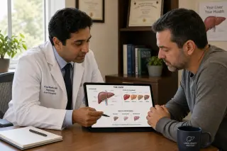 Doctor and adult patient discuss liver health over a tablet at a sunlit medical desk, both focused and engaged in a calm, natural office setting.