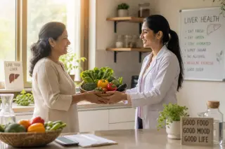Nutritionist and woman sharing a basket of vegetables in a bright kitchen, sunlight highlighting their supportive interaction.