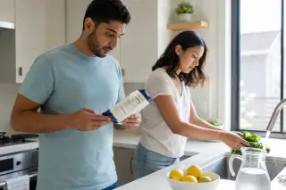 Two adults in a bright kitchen, reading food packaging and washing vegetables, absorbed in healthy meal preparation with natural daylight.