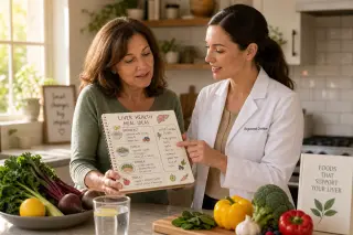 Dietitian and middle-aged woman discussing healthy eating in a modern kitchen, sunlight illuminating fresh vegetables and a notepad with meal ideas.